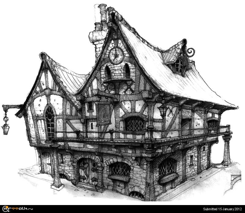 Арты дома 2. Таверна концепт арт. Средневековый домик. Стилизованный домик. Сказочная архитектура.