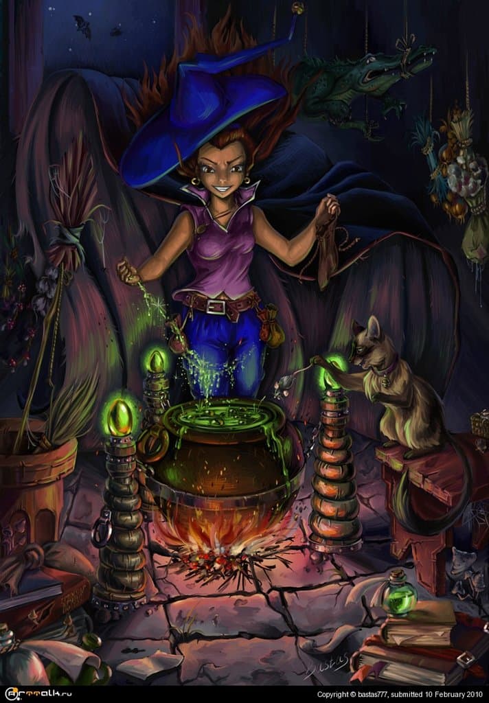 Ведьма с кошкой.